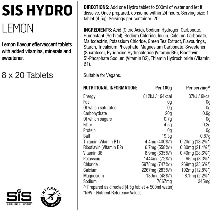 Science in Sport GO Hydro Hydration Drink Tablets in Lemon - Single Tube of 20 Tabs-1