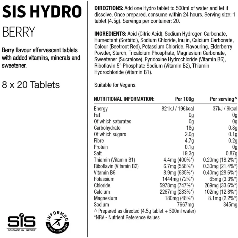 Science in Sport GO Hydro Hydration Drink Tablets in Berry - Single Tube of 20 Tabs-1